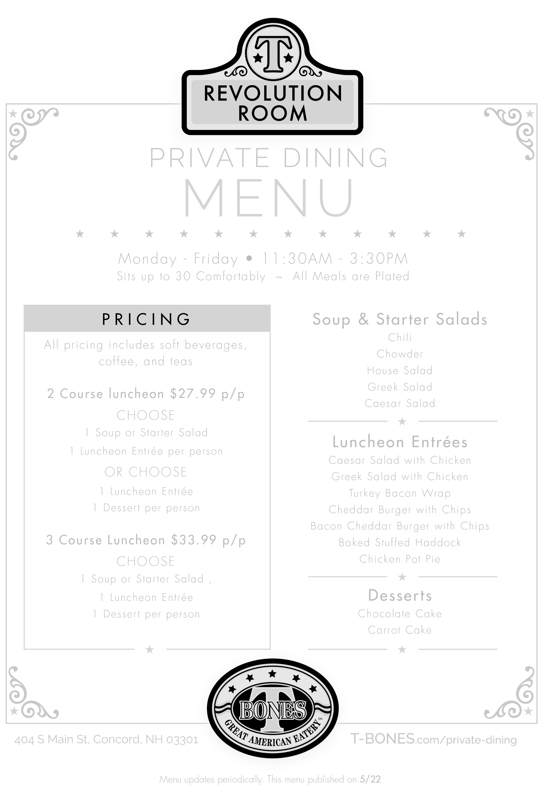 T-BONES Concord Private Dining Menu